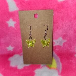 Neon Green Butterfly Silver Drop/Dangle Earrings